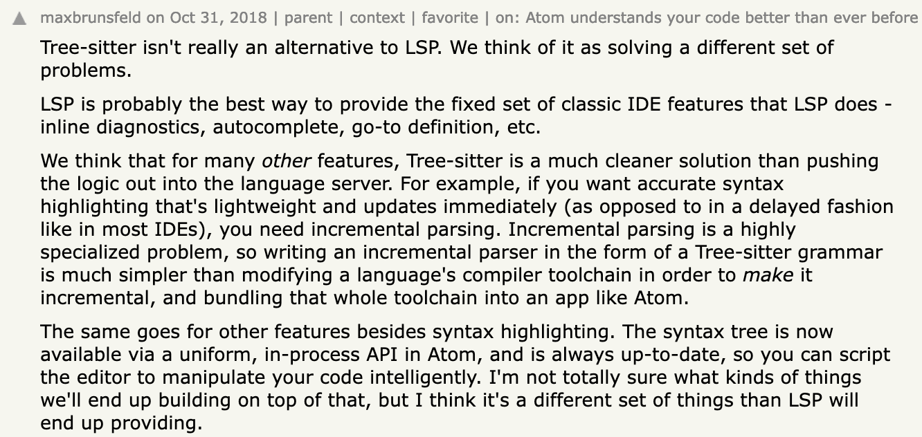 a comment on Hacker News from tree-sitter author comparing tree-sitter and Visual Studio Code's Language Server Protocol
