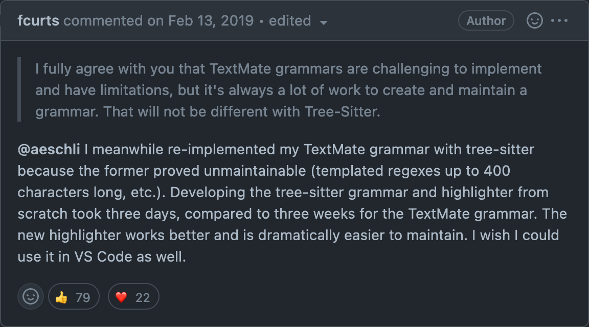 a comment on GitHub comparing TexMate and tree-sitter