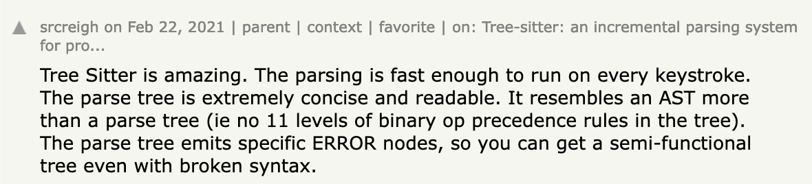 a comment on Hacker News praising tree-sitter