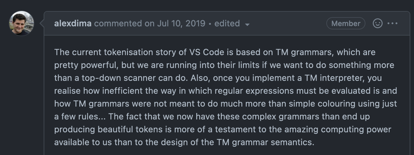 a comment on GitHub from a VS Code team member about the limitations of TexMate grammars